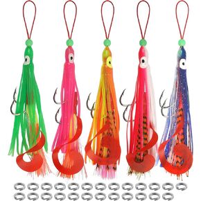 Squid Fishing Lures Set, 5pcs Soft Luminous Lifelike Squid Jigging Lures with Double Split Rings Glow in The Dark Octopus Skirt Double Assist Hook for Saltwater Freshwater