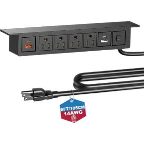 BTU Under Desk Power Strip with Surge Protection, Mountable Power Strips with USB Ports PD20W Fast Charging, 8 in 1 Under Desktop Outlet 4 AC Outlets, 2 USB-C, 2 USB-A, 6FT Extension Cord Black