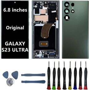 6.8" Original AMOLED Display for Samsung Galaxy S23 Ultra S918U S918B/DS S918U1 S918W S918E Screen Replacement S23 Ultra 5G Display Touch Screen Digitizer Assembly (with Green Frame+Back Cover+Tools)