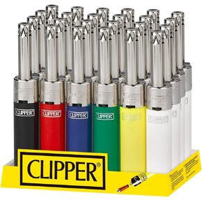 Clipper - Mini Tube Reusable Lighter - Refillable Candle Lighters w/Extended Wand and Adjustable Flame - Great Lighters for Candle, BBQ, Firepits, and use in The Outdoors - 24 Pack - Solid Assorted