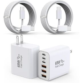 65W USB C Charger Block, 2Pack 6-Port Fast Charging Block with 6ft Long TypeC to TypeC Woven Cable Cord, Multiport Plug, USB C Power Adapter for iPhone 16/16e/16 Pro/16 Pro Max/16 Plus/15,iPad,AirPods
