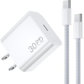 30W Fast Charger for iPhone 16E ، USB C Block Fast Charger مع الأصلي [مضفر] 6ft USB C إلى كابل USBC لـ iPhone 15/15 Plus/15 Pro/15 Pro Max/16/16 Plus/16 Pro Max Fast Charging