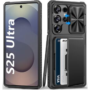 for Samsung Galaxy S25 Ultra Case Wallet, Card Holder (4-5 Cards), RFID Block, Slide Camera Cover, Military Grade Shockproof, Rugged Heavy Duty Men Women Phone Case for Samsung S25 Ultra, Black