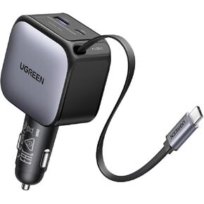 UGREEN 60W 2C1A Car Charger with Retractable Cable, 3-Port Fast Charger with 30W PD USB-C, USB-A, Cigarette Lighter Adapter for iPhone 16/15, Galaxy S25/S24, iPad, GPS, 12V Car Accessories