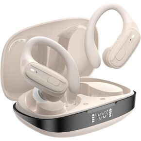 Wireless Earbuds, Sports Bluetooth Headphones, Ear Buds with ENC Noise Canceling Mic, 50Hr Playtime Earphones, Palm-Sized, LED Power Display, IPX7 Waterproof Headset for Workout Running, Beige