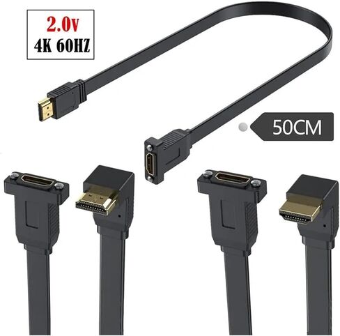 Flat HDMI Compatible Version 2.0 Male Female Extension Cable with Fixed Screw ho/*le Chassis Panel Cable Support 4K 60Hz(Straight) in Saudi Arabia