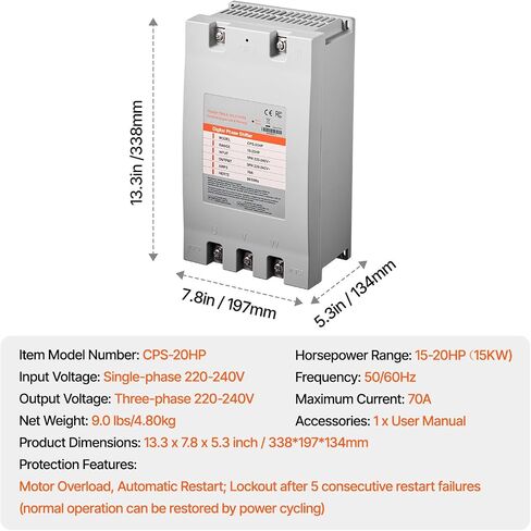 Happybuy 3 Phase Converter - 20HP 70A 220V Single Phase to 3 Phase Converter, 220V-240V Input/Output, Digital Phase Shifter for Residential & Light Commercial Use (Single Converter for One Motor) in Saudi Arabia