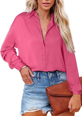 Astylish Women Button-Down Shirts V-Neck Elegant Blouse Long Sleeve Basic Top in Kuwait