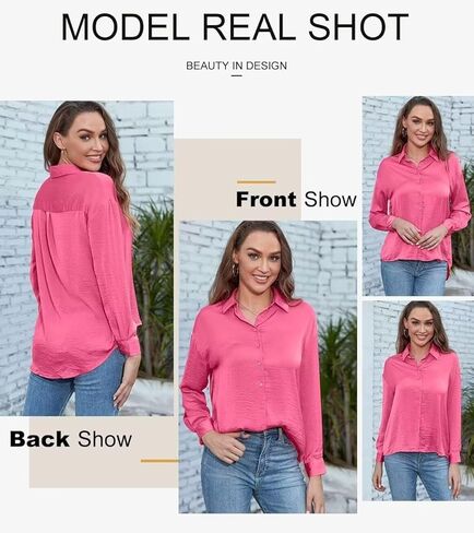 Astylish Women Button-Down Shirts V-Neck Elegant Blouse Long Sleeve Basic Top in Kuwait