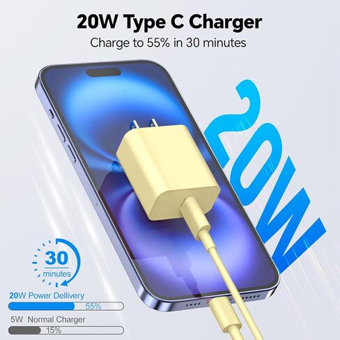 هاتف Chager سريع الشحن ، 60 واط 10FT USB C -Corger و Type C Coll Charger Charger ، متوافق مع I Phone 16/16 Plus/16 Pro/16 Pro Max/15/15 Pro/15 Pro Max/15 Plus - Pink and Yellow in Kuwait