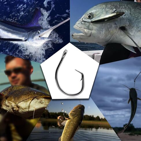 خطافات دائرة FishTrip للمياه المالحة، خطافات صيد في الخط 3X قوية لسمك السلور 25 قطعة، أسود/فولاذ عالي الكربون/غير إزاحة/عين مغلقة/فجوة واسعة لسمك السلمون المخطط in Saudi Arabia