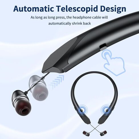 Neckband Bluetooth Headphones with Wireless Retractable Earbuds, Built-in Mic & Vibration Alerts - IPX5 Sweatproof Earphones, Noise Cancelling Headset for Sports, Running, Driving (Black) in Kuwait