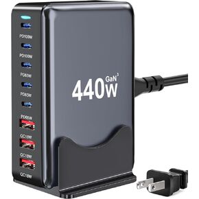 440W USB C Charger Block, 8-Port Fast USB Charging Station Dual PD 100W GaN Ⅲ Pro Charging Station For Multiple Devices, Laptop Charger Adapter Compatible with MacBook, DELL, iPad, iPhone, Samsung etc