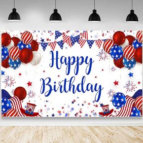 4th of July Backdrop Happy Birthday Photography Background Red White and Blue Flag Patriotic Independence Day Birthday Party Decoration Supplies Banner 70.8 x 43.3 inch