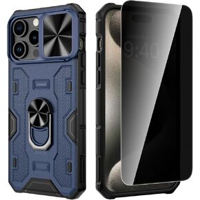 VEGO Phone Case for iPhone 15, with Built-in Slide Camera Cover & Anti-Peeping Screen Protector Full-Body Drop Protection Shockproof Magnetic Kickstand Phone Cover for iPhone 15-Green