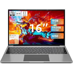 jumper 16 Inch Laptop Computer,16GB RAM 1TB SSD 128GB ROM, N150 4-Core 3.6GHz Processor,1200p IPS FHD Display, Office 365 1-Year Subscription, Windows11,WiFi-6, Mini-HDMI, 38Wh Battery, Cooling System