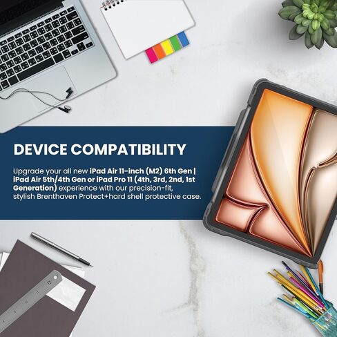 Brenthaven Edge Companion Companion Hard Shell Protection for iPad Air 11 Inch (M2) 2024 iPad Air 5th | الجيل الرابع 10.9 بوصة ، iPad Pro 11 بوصة (الرابع الثالث من الجنرال) مع حامل وقلم رصاص مدمج-رمادي in Kuwait
