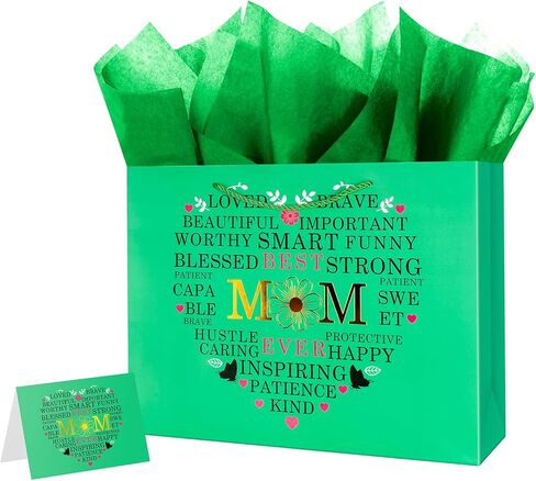 Large Gift Bag with Wrapping Tissue for Mother Day 12.6" Flower Heart - Best Mom in Saudi Arabia