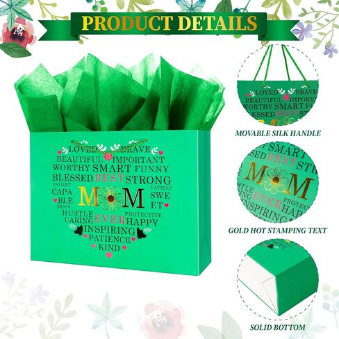Large Gift Bag with Wrapping Tissue for Mother Day 12.6" Flower Heart - Best Mom in Saudi Arabia