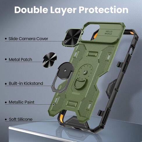 VEGO Phone Case for iPhone 15, with Built-in Slide Camera Cover & Anti-Peeping Screen Protector Full-Body Drop Protection Shockproof Magnetic Kickstand Phone Cover for iPhone 15-Green in Saudi Arabia