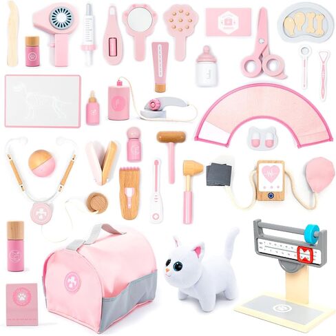 UMU Doctor Kit for Kids, Wooden Pretend Play 37 Pcs Pet Care Play Set Doctor Playset for Toddlers, Montessori Toys Dentist Kit for 3-8 Years Old Boys and Girls in Saudi Arabia