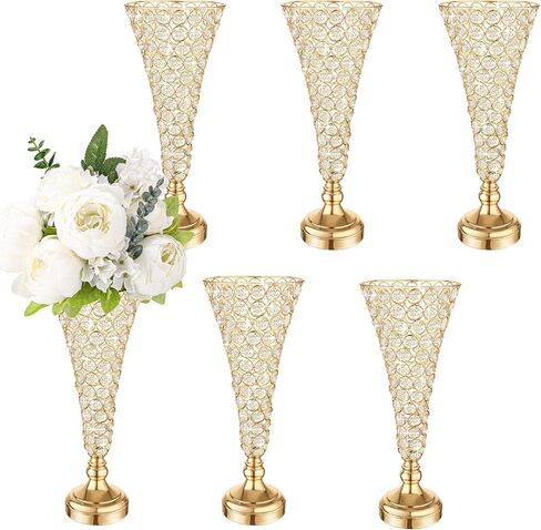 Mifoci 4 Pcs Gold Trumpet Vases for Centerpieces 16 Inch Crystal Flower Vase for Table Decor Wedding Party Favors Tall Floral Arrangement Stand Home Decoration in Saudi Arabia
