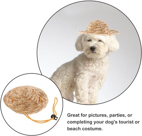 قبعة ULTECHNOVO Pet Sombrero من القش - قبعة صيفية للحماية من الشمس قابلة للتعديل في هاواي حديقة الشمس قبعة دلو للشاطئ للكلاب الصغيرة والقطط (الحجم S) in Kuwait