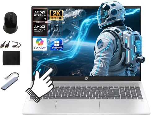 HP OmniBook 5 Copilot AI Business Laptop, 16" 2K Touchscreen, AMD Ryzen AI 7 350 Up to 5GHz (50 NPU Tops), 16GB LPDDR5x RAM, 1TB PCIe SSD, Backlit KB, Windows 11 Pro, W/BWE Accessories in Kuwait