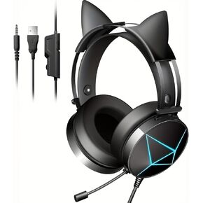 Cat Ear Gaming Headset with Microphone, Mint Green, Wired Headphones
