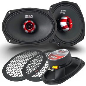 STX Audio X69.2B 6x9 مكبر صوت متوسط ​​، 950 واط كحد أقصى ، 4 أوم ، حساسية 91 ديسيبل ، مكثف مرتفع ، مخروط ورق الصحافة السوداء مع شوايات سوداء لصوت السيارات