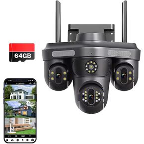 4MP PAN/TILT Security Camera Triangle 3 Lens Camera WiFi في الهواء الطلق ، تتبع كابل المكونات التلقائية ، الكشف البشري ، إنذار الضوء ، الرؤية الليلية الملونة ، WIFI 2.4G ، فتحة بطاقة SD مع بطاقة TF64G