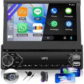 Single Din Touchscreen Car Stereo with Wireless Carplay&Android Auto,7 Inch Car Radio Flip Out MP5 Play with BT FM Radio EQ Mirror Link Car Audio with USB/TF/AUX-in SWC+Backup Camera+Microphone