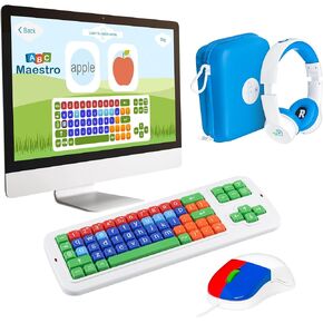 Clevy ABC Maestro Home Bundle - Clevy Home School Package - Lowercase Colorful Kids Keyboard, Clevy Kids Mouse, Clevy Kids Headphone and ABC Maestro Home - Multilingual Tutor Software (Home Edition)