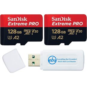 SanDisk Extreme PRO (UHS-1 U3 / V30) A2 128GB MicroSD 2 Pack Memory Cards for GoPro Hero10 Camera (Hero 10 Black) SDSQXCY-128G-GN6MA Bundle with 1 Everything But Stromboli SD & Micro SDXC Card Reader