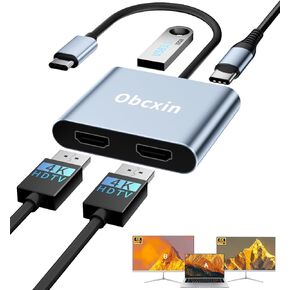 USB C to Dual HDMI Adapter, 4K@60Hz Type C to HDTV Splitter for 2 Monitors, USB 3.0 PD 100W, Dual HDMI Extend Display for MacBook Air/Pro, XPS, More Laptops with Thunderbolt 3/4 Ports