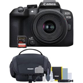 Canon EOS R10 Camera بدون مرآة وحزمة عدسة RF-S 18-45 مم مع حقيبة الأدوات ، مجموعة التنظيف وبطاقة SD 128GB (3 عناصر)