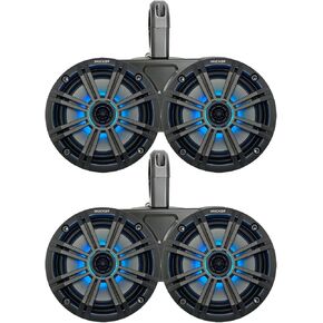 KICKER Black Dual Wakeboard Tower System with 2 Pair (Qty 4) of Charcoal 6.5" 195 Watt Max Power Marine OEM Replacement RGB Multicolor LED Coaxial Boat Audio Speakers