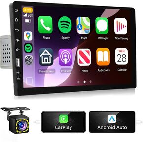 Podofo Single Din Car Stereo with Carplay Android Auto,9inch 1024x600 HD IPS Touchscreen Bluetooth FM/AM Radio Mirror Link SWC,Car Audio Receivers,HD Backup Camera/External Mic/USB