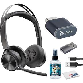 Poly (Plantronics Voyager Focus 2 UC Stereo Bluetooth USB-C-C Headset +USB-C/A Adapter (Microsoft Teams Certified) (9T9J6AA) Bundle Including: Goby Labs Headphone Cleaner, Fiber Cloth