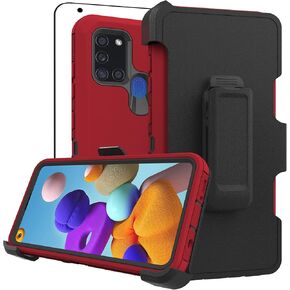 Compatible with Samsung A21S Case, with Screen Protector Kickstand Belt Clip Heavy Duty Shockproof Protective Cover Rugged Hybrid Defender Phone Case for Samsung Galaxy A21S (Red)