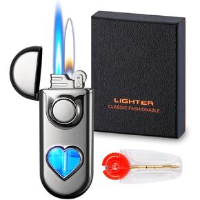 Torch Lighter, Dual Flame Butane Lighter Refillable, Windproof Adjustable Jet Flame and Soft Flame, with Heart-Shaped Transparent Gas Window, for Men Women (Without Butane)-Black Ice