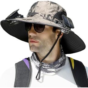 Solar Fan Hat, Wide Brim Solar Fan Outdoor Fishing Hat Sun Hat for Men with 2 Solar Fan Fishing Hats, UPF 50+