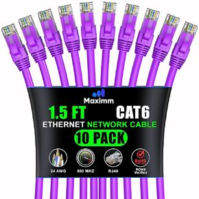 Maximm Cat 6 Ethernet Cable 1.5 ft (10-Pack) - High-Speed LAN Cable, Internet Cable, Patch Cable, and Network Cable - UTP, 10Gbps, 550MHz Ethernet Cord - Purple