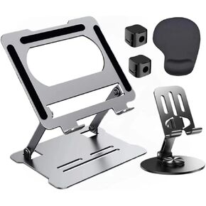 All-in-One Ergonomic Office Kit | Adjustable Alloy Laptop Stand + Phone Holder + Wrist Rest Mouse Pad + Cable Clips | Fits 10–17.3" Devices, Stable, Cooling, Desk Organizer Essential