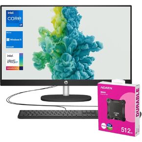 HP 27" 13th i7-1355U All in One Desktop Computer, FHD Display, 64GB RAM, 4TB SSD, IR Camera, RJ-45, Wi-Fi 6, Wired KB & Mouse, Windows 11 Home, Black, with Adata 512 External SSD Bundle