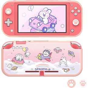 DLseego Space Rabbit Switch Lite 2019 Protective Case Cute TPU Soft Cover Shockproof Anti-Scratch Pink Shell with 2PCS Cat Claw Thumb Grips