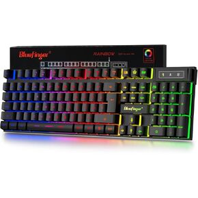 BlueFinger Gaming Keyboard USB Wired Full Size Keyboards, Rainbow Backlit Light Up Keyboard with Multimedia Keys, Quiet Typing for Windows PC Laptop