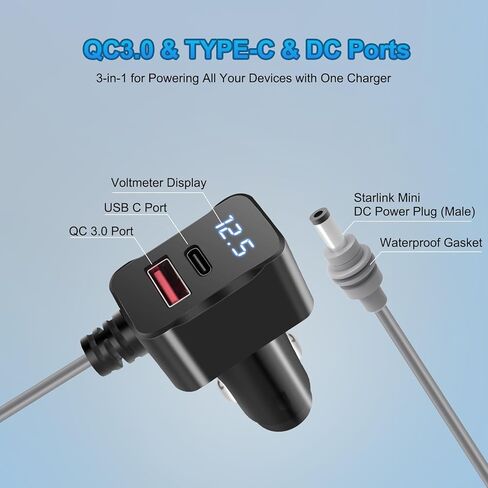 كابل طاقة Mini Starlink ، ولاعة سجائر 3M/10ft إلى DC Starlink Mini Power Cable لشحن شاحنة RV ، محول شاحن سيارة 12V-24V مع موانئ USB C و USB A. in Saudi Arabia