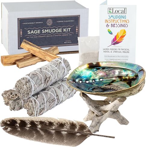 مجموعة تلطيخ وايت سيج وبالو سانتو | مجموعة التلطخ مع أعواد التلطخ المريمية ~ بالو سانتو ~ الرمال البيضاء ~ قشرة أذن البحر ~ الحامل ~ ريشة التلطخ | سالفيا بلانكا بارا ليمبيار من مصادر مستدامة in Kuwait