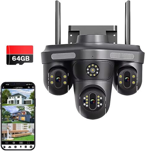 4MP Pan/Tilt Security Camera Triangle 3 Lens Camera Outdoor WiFi,Plug-in Cable Auto Tracking, Human Detection, Light Alarm, Color Night Vision, 2.4G WiFi,SD card Slot with TF64G Card in Kuwait
